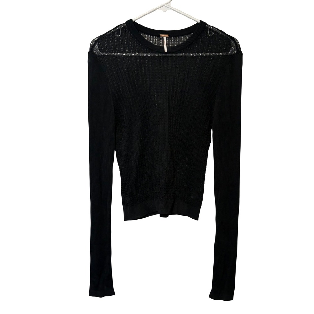 Free People Knit Top Women M Black Sheer Pointelle Long Sleeve Crew Neck
